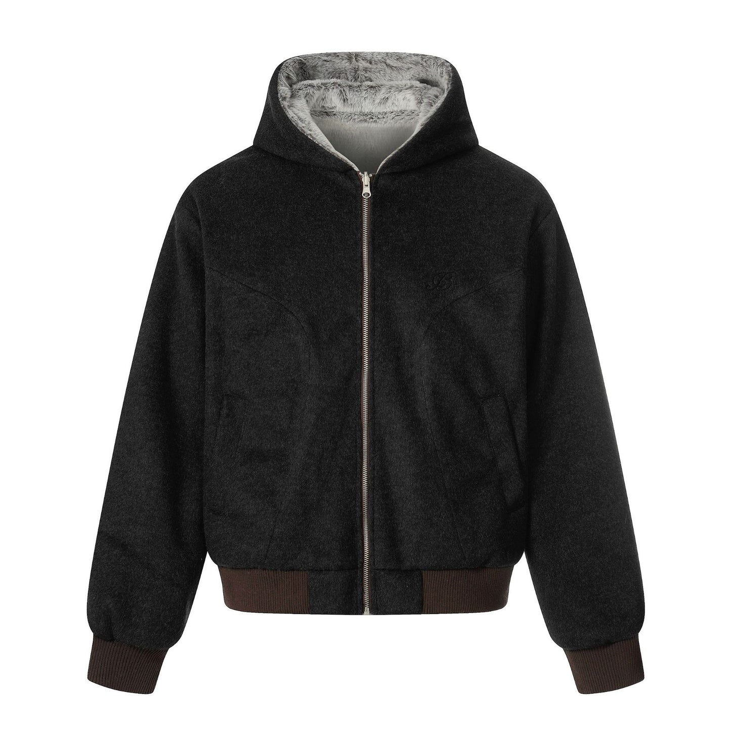 Minimalist Solid Color Fleece Reversible Zip-Up Hooded Warm Cotton Coat