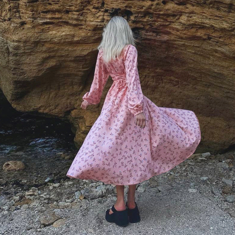 Printed square collar tied sexy slit floral dress