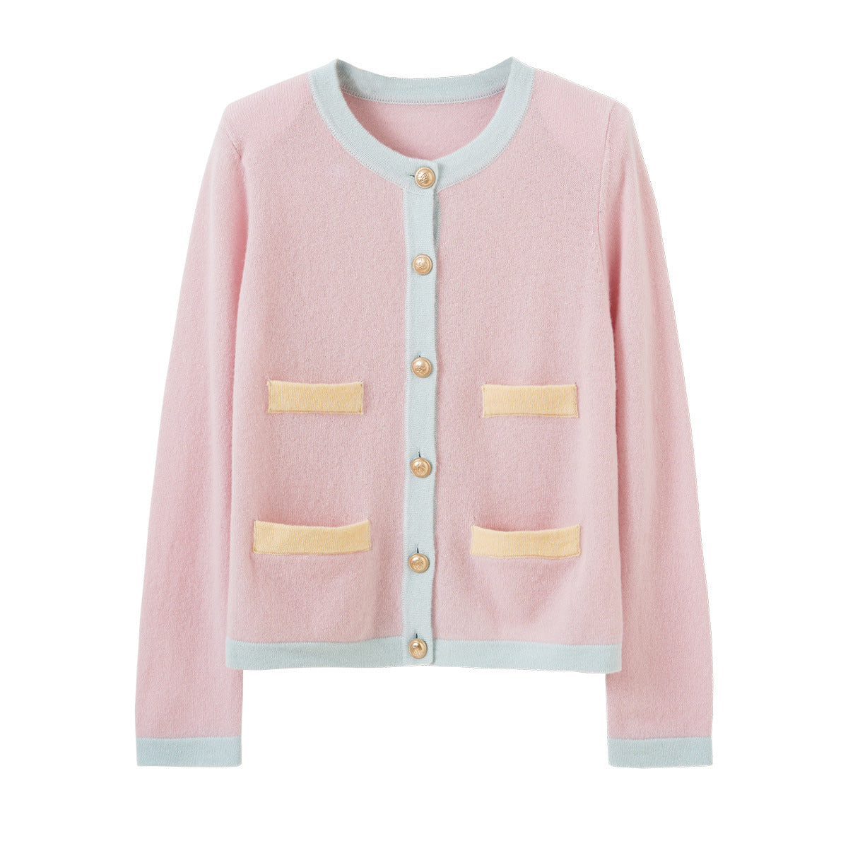 Chic Wool Knit Cardigan with Metal Button Detail, Color-blocked Baby Pink Short Coat for Women Pocket Top