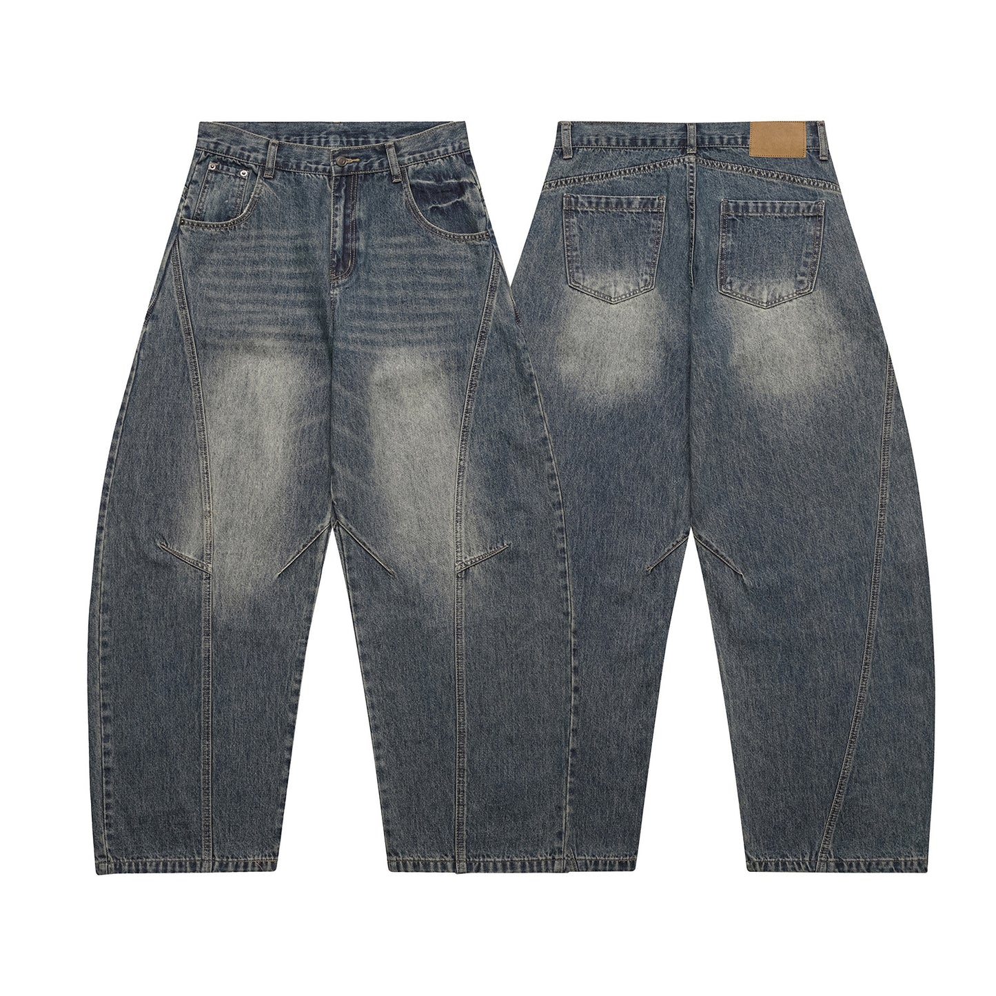 Washed Patchwork Loose Wide-Legged Knife-Edge Denim Pants