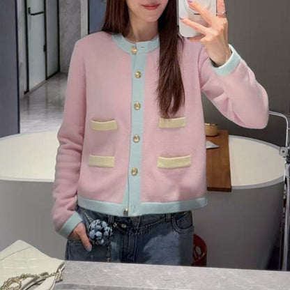 Chic Wool Knit Cardigan with Metal Button Detail, Color-blocked Baby Pink Short Coat for Women Pocket Top