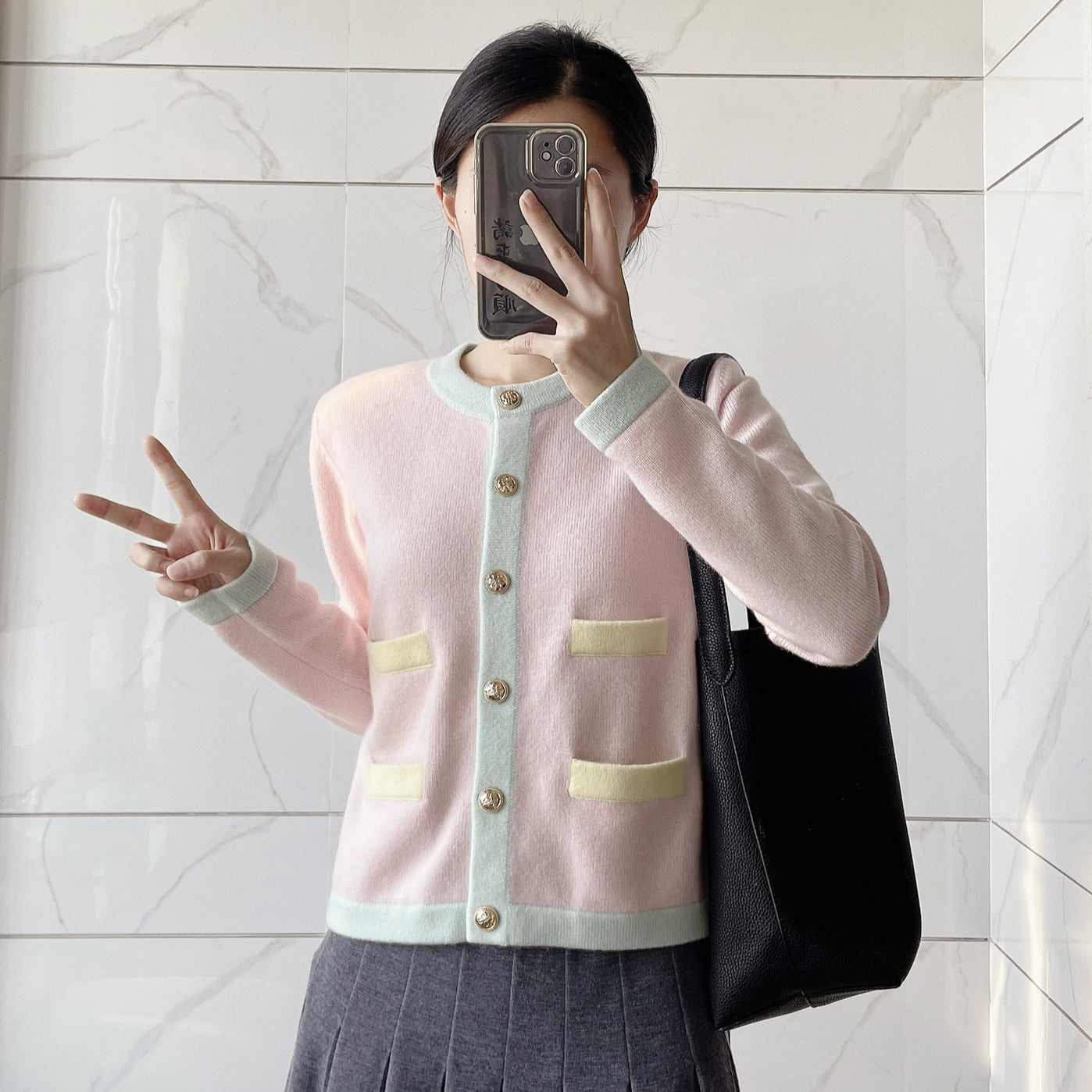 Chic Wool Knit Cardigan with Metal Button Detail, Color-blocked Baby Pink Short Coat for Women Pocket Top
