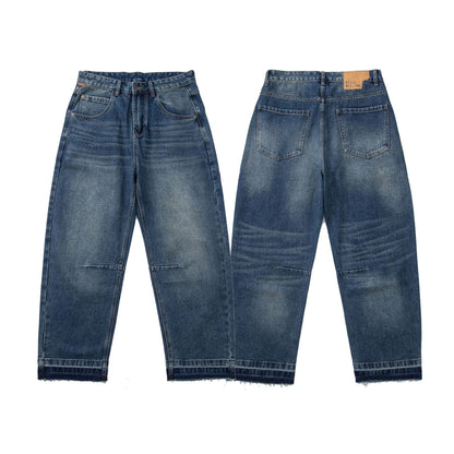 Denim Pants Men's Loose Cuff Tapered Jeans with Catwhisker Wash Casual Long Pants