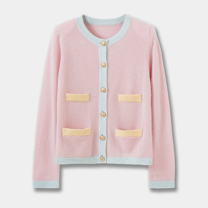 Chic Wool Knit Cardigan with Metal Button Detail, Color-blocked Baby Pink Short Coat for Women Pocket Top