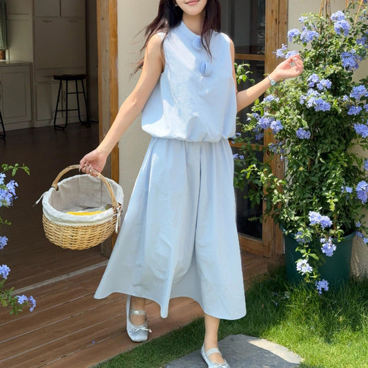 Blue Cotton Blend Stand Collar Sleeveless Peplum Vest Women's Summer New Short Crop Vest Skirt Set 3D Book Page Design