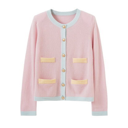 Chic Wool Knit Cardigan with Metal Button Detail, Color-blocked Baby Pink Short Coat for Women Pocket Top