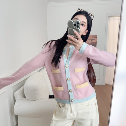 Chic Wool Knit Cardigan with Metal Button Detail, Color-blocked Baby Pink Short Coat for Women Pocket Top