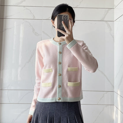 Chic Wool Knit Cardigan with Metal Button Detail, Color-blocked Baby Pink Short Coat for Women Pocket Top